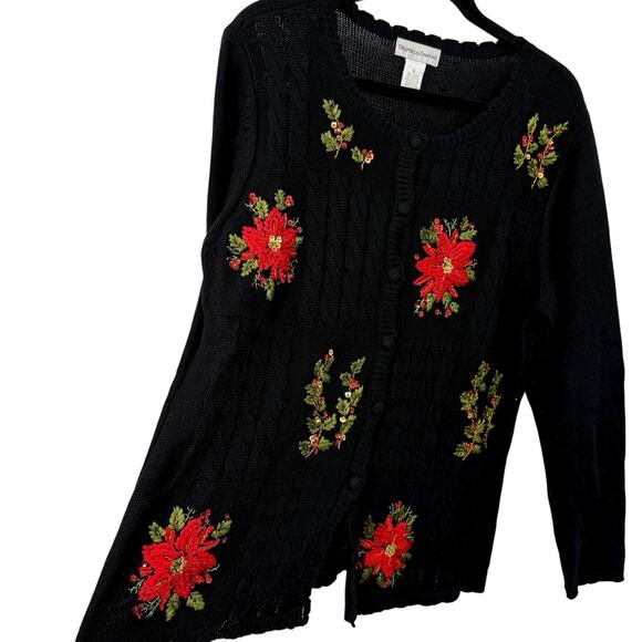Drapers Damons Christmas Cardigan size XL Button Up Holly Poinsettia Embroidered - Picture 2 of 11